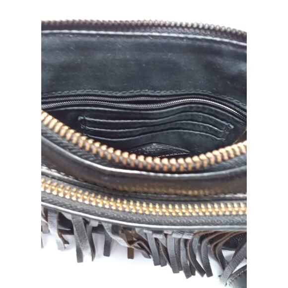 Fossil Fringe Leather Purse Double Zippers Interior Pockets Shoulder Strap - Picture 4 of 5